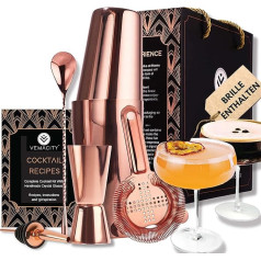 Elegants kokteiļu šeikeru komplekts 2 x roku darbs Martini glāzes Rose Gold Kokteiļu šeikeru komplekts Kokteiļu piederumi un kokteiļu glāzes Skaista dāvanu kaste + recepšu ceļvedis miksologiem