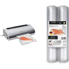 CASO VC100 Vacuum Sealer - vakuumiepakotājs, pārtika saglabājas svaiga līdz pat 8x ilgāk Dubultā 30 cm garā metinātā šuve un 3 zvaigžņu tekstūras ruļļi 30 x 600 cm, 2 gab. plēves ruļļi 105 µm, 1296