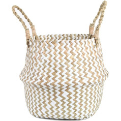 FEILANDUO Shelf Baskets Natural Seaweed Woven Storage Basket, Plant Basket with Handle, Foldable Toy Storage for Living Room, Bathroom Decoration, Laundry Basket, Flower Pots (White, Large)