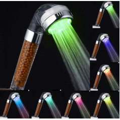 HJRUIUA LED Filtration Shower Head, Water-Saving with Ion Filter and Limescale Filter, High Pressure Hand Shower Head with Colour Changing, 7 Colours, Light Automatic