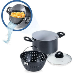 Genius Cerafit Magic Pot 20 cm katla komplekts - 3,7 l katls ar sieta ieliktni un stikla vāku vieglai makaronu vārīšanai, pagriešanai, vārīšanai tvaikā un pasniegšanai, makaronu katls visu veidu plītīm, A24661, melns