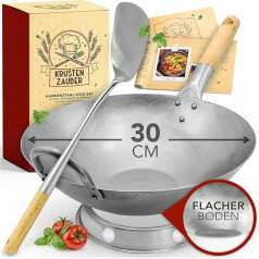 KRUSTENZAUBER 30 cm Wok panna ar indukciju un plakanu pamatni - tradicionālā tērauda Wok panna ar Wok apvērsēju un Wok gredzenu - Wok panna, Wok indukcija, Wok piederumi, Oglekļa tērauda Wok panna Oglekļa tērauds