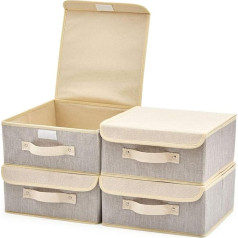 EZOWare Pack of 4 Small Storage Boxes with Lid and Handle, Foldable Cube Storage Box Made of Fabric for Wardrobe, Cupboard, Children's Room - Grey & Beige