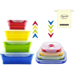 Faltbare Lebensmittelbehälter aus Silikon, BPA-frei, faltbare Lunch-Bento-Box, Küchen-Organizer, spülmaschinenfest, mikrowellengeeignet, 4er-Pack, Silikon, Rechteck (blau+grün+gelb+rot), 4er-Packung