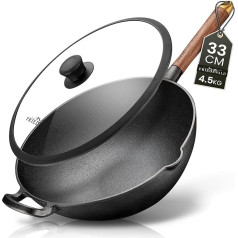 Friedewald® čuguna panna Wok XL ar vāku - piemērota indukcijas plītīm - 33 cm, 5 l / 4-6 personām - visām plītīm - cieta grilēšanas un cepšanas panna - dabīgs nelīpošs pārklājums - augstas malas - sautēšanas panna