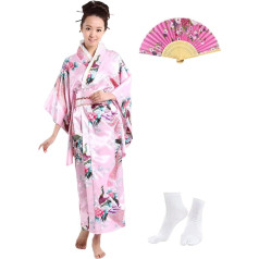 KRUIHAN Tradicionālā japāņu kimono sievietēm Yukata Robe zīdains halāts Japāņu stila kleitas sievietēm, ballīšu modes kleita Cosplay kostīms ar salokāmu ventilatoru Tabi zeķu komplektu