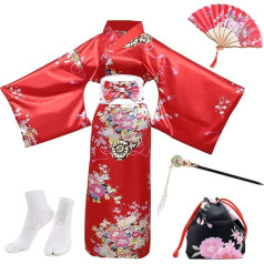 PLULON 5 gabali japāņu Geiša Yukata kleita Blossom Satin Bathrobe ar aukliņu roku ventilatoru Hairpin Tabi zeķu komplekts sievietēm