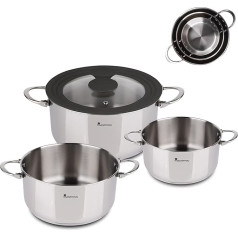 MasterPro Foodies | Topfset | 4-Teiliges Set mit 16, 20 und 24 cm Töpfen und Glasdeckel | Aus Edelstahl | Kochtopf Set | Geeignet für Alle Herdarten