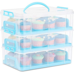 Flexzion Cupcake uzglabāšanas grozs (36 nodalījumi, 3 līmeņi) - ietilpība 36 cupcakes vai 3 lielas kūkas konditorejas izstrādājumi caurspīdīgs plastmasas ar 3 līmeņu kraušanas ieliktni (zils)