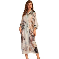 LOCIIXAT Damen-Bademantel mit Blumendruck, Satin, lang, Seide, Kimono, Robe, lockere Nachtwäsche