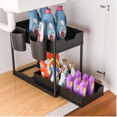 zzolee - 2 Tier Under Sink Shelf, Sink Organiser with 4 Hooks & 2 Hanging Cups, Multifunctional Kitchen Organiser with Sliding Drawer for Kitchen, Bathroom, Cabinet, Table Top