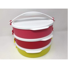 Tupper Ware Fresh Stack piknika komplekts Stack (3) ar rokturi 3 x 880 ml 880 ml ar rokturi Saliekams trauks ar vāku Pusdienu sarkans rozā dzeltens