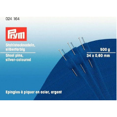 Prym 024164-1 Stecknadeln, 0,60 x 34mm, silberfarbig, 500g, Pappdose, Stahl, 34 x 0,6mm