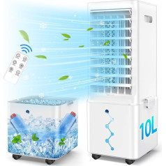 Klimaanlage Mobile Klimagerät Luftkühler mit Wasserkühlung Klimaanlage Ohne Abluftschlauch 65W Ventilator Verdunstungskühler 10L Wassertank 12h Timer 3 Modi Oszillierend Mit Fernbedienung 2 Kühlakku