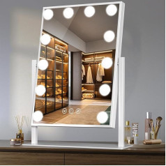 Hollywood Vanity Mirror with Lights, LED Makeup Mirror for Vanity, 12 Dimmable Lights, 3 Colour Modes, Touch Control, Ideal Illuminated Mirror for Bedrooms, 360° Rotation (White)