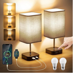 Bedside Lamp Touch Dimmable Set of 2 - LED Table Lamp with 2 USB A+ Type C Charging Ports & 2 Dimmable E27 Bulb, 3 Brightness Levels, Grey Lampshade for Bedroom, Living Room, Office