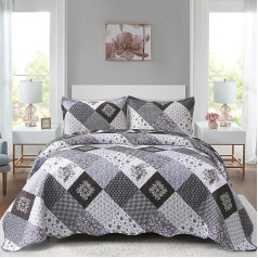 WONGS BEDDING Tagesdecke 220x240 Patchwork Bettüberwurf Gesteppt Bedspreads Blumen Muster Steppdecke Mikrofaser kariertem Tagesdecke mit 2 Kissenbezug 48x75 (Schwarz Grau)