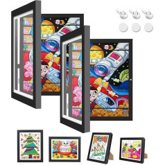 WIOONI Pack of 2 Picture Frames Children's Drawings A4, priekšējais atvēršanas koka fotorāmis ar eņģēm, ar sienas un statīva funkciju, ideāli piemērots bērnu zīmējumiem / mākslas darbiem, skolā, mājās (melns)