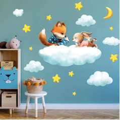 Wandtattoo Kinderzimmer Fuchs und Hase auf Wolke mit Mond und Sternen Dekoration Babyzimmer, 2. M 132 x 100 cm