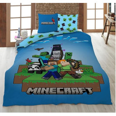 AYMAX Minecraft Ready to Survive 100% bērnu gultasveļas komplekts, 135 x 200 cm, vienvietīgas gultas izmērs, sega + spilvendrāna 80 x 80 cm, mikrošķiedra