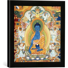 Ierāmēts attēls Nepālas skolas Budas Medicīnas / Nepālas Thangka Art Print augstas kvalitātes roku darbs 30 x 30 cm Matt Black rāmī