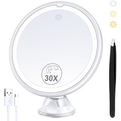 MIYADIVA Beleuchteter Makeup-Spiegel mit 30-facher Vergrößerung, 30X Vergrößerungsspiegel Saugnapf mit Licht, 3 Farben Modi und einstellbare Helligkeit, Saugnapf Spiegel für Vanity Mirror 1500mAh