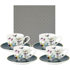 IMAGES D'ORIENT Paradīzes putnu Espresso komplekts, krāsains, 8 daļu komplekts, 4 x Espresso tasītes ar paliktnīšiem, 90 ml, porcelāns, austrumniecisks dizains ar ģeometriskiem rakstiem, iekļauts dāvanu kastītē