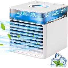 Mini gaisa dzesētājs, JIMACRO pārvietojamie gaisa kondicionieri, pārnēsājamais gaisa dzesētājs, 4-in-1 mitrinātājs, gaisa attīrītājs un ventilators, gaisa kondicionieris ar ūdens tvertni un 7 LED gaismām izmantošanai ārpus telpām