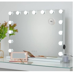 OUO Hollywood Mirror Lights for Dressing Table, Lighted Vanity Mirror with 15 Dimmable LED Lamps, Vanity Mirror with USB Port, Table or Wall Mounted, 58 x 46 cm