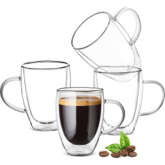 Ulrikco 350ml dubultsienas stikla kafijas tasītes ar rokturi, caurspīdīga kapučīno stikla kauss, 4 izolēta dzeramā stikla trauki, kafijas tasītes, espresso tasītes, karstumizturīgas, mazgājamas trauku mazgājamā mašīnā