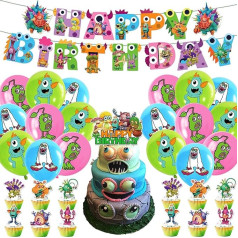 Iepakojumā 32 My Singing Monsters dzimšanas dienas svinību rotājumi, My Singing Monsters svinību rotājumi, dzimšanas dienas svinību rotājumu piederumi bērniem, baloni, Happy Birthday Banner toršu rotājumi