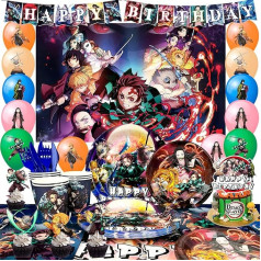 Demon Slayer Party Accessories, 112 gab Demon Slayer Party Set - Demon Slayer Balloons Balloons Banner Background Cake Topper galdauts Papīra krūzes Papīra tases šķīvji Salvetes utt Anime Party Decoration Demon Slayer