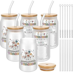 Hushee 6 skolotāju pateicības dāvanu komplekts sievietēm Skolotāju kannas kausi Bulk 16oz Vintage Flower Beer Glass Tumbler ar vāku salmiņu Ziemassvētku skolotāja dāvanu skola skolotāja atzinību