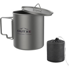 OUTXE Camping Titanium Pot Mug Outdoor 750 ml Titanium Camping galda trauki, āra kausa trauki, krūzītes kauss, salokāms rokturis, liela ietilpība