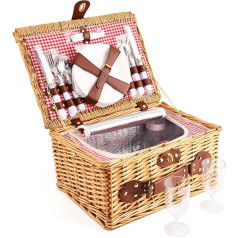 EIRONA Willow Hamper 4 Person Picnic Basket with Insulated Cooler Compartment and Waterproof Blanket, Cutlery Service Set, Wicker Picnic Baskets, Picnic Basket Sets