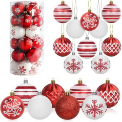 LATERN Pack of 24 Christmas Baubles, 6 cm sarkanbaltsarkanā un baltā krāsā Ziemassvētku Baubles Ornaments Shatterproof Hanging Christmas Baubles for Christmas Tree Holidays Home Christmas Party Decoration (8 Styles)