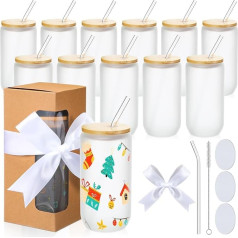 Tioncy 12 komplekts 473 ml Sublimationsglas-Rohlinge mattierte Bierdose mit Bambusdeckel Glasstrohhalme 12 Fenster Geschenkbox für Weihnachtsfeier Sublimationsgläser Wasserbecher für DIY (Kraftpapierfarbe)