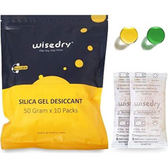 wisedry 50 g [10 iepakojumi] Silica Gel maisiņi Silica Gel mikroviļņu krāsnī reģenerējams žāvējošs maisiņš ar indikatoru skapja ieroču seifiem vannas istabai pārtikas pakāpe