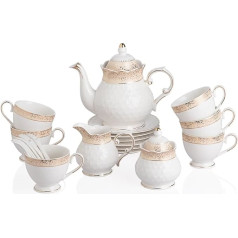 Sweejar Home 21 gab. porcelāna tējas piederumu komplekts Vintage British Floral Relief Gold Rim Tea Set ar tējkannu, cukurkaroti, piena krūzi, karoti, tējkaroti un krūzīmi (zelta stils)