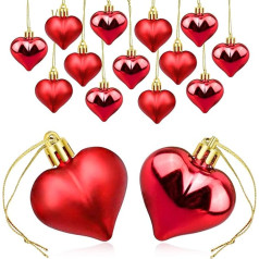 WANDIC Heart Bauble Ornaments, 48 gabali sarkanā Ziemassvētku eglīte Sirds bumbu piekariņš Ziemassvētku Baubles Valentīndienas kāzu gadadienas dekorēšanai, 2 stili (spīdīgs, spīdīgs)