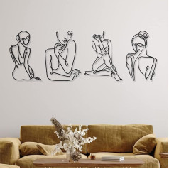 4 Pieces Metal Wall Art Decor Black Metal Wall Art One-line Art Drawing Minimalist Abstract Female Woman Modern Wall Sculptures for Hanging Decoration Accents for Bathroom