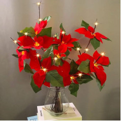 Red Poinsettia LED Branches Illuminated Artificial Poinsettia Branches Decoration Light for Home Shop Window Vase Table Room Christmas (Red Poinsettia, 2 Pack)