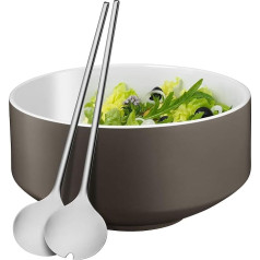 WMF Moto Salatschüssel Set 3-teilig, Salatbesteck 32 cm mit Salatschale, runde Schale 26 cm, Porzellan, Cromargan Edelstahl poliert, spülmaschinengeeignet, grau