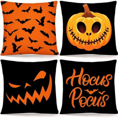 Whaline Halloween spilvens spilvens lieta Orange Black Pumpkin Bat Hocus Pokus Cushion Cover lina spilvenu pārvalki mājas birojam Halloween dīvāna gultas apdare 18 x 18 collu (4 Pack)