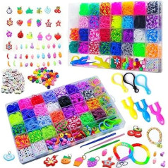 DWOOKE 4000+ Gummibänder, Loom Bands Kit, 62 Gitter Loom Gummibänder für DIY Armband Herstellung Kits für Kinder, Gummibänder-Set mit Clips, Charms und Perlen, Zubehör, Geburtstags-Bastelgeschenk für