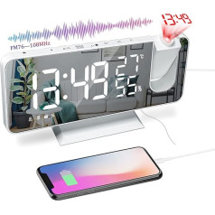 VORRINC projekcijas modinātājs, digitālais modinātājs ar FM radio, 7 collu LED spoguļekrāns, dubults modinātājs ar USB pieslēgvietu, 4 projekciju spilgtums, 180° pagriežams displejs un 12/24 stundas (B)