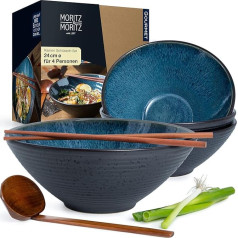 Moritz & Moritz 4 x Ramen keramikas bļodas - 24 cm diametrs - zilas Ramen bļodas komplekts 4 personām - zupai, Pho bļodai un suši bļodai - komplektā ietilpst nūjiņas un karote