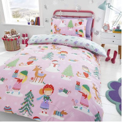 Happy Linen Company Kids Girls Reversible Festive Christmas Tree Ice Skating Dachshund Duvet Cover Set Pink Toddler Bed Set