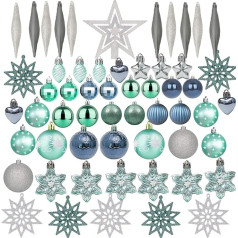 58 gabali Ziemassvētku Baubles Silver Blue Set, plastmasas Ziemassvētku eglīte Baubles Box ar pakaramo, plastmasas Shatterproof mazo bumbiņas Ziemassvētku eglītes apdare