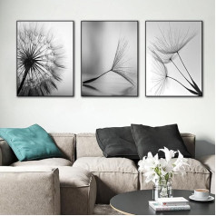 KXHHHYB Black White Dandelion Canvas 3-Piece Premium Poster Set Aesthetic Flower Living Room Bedroom Wall Decoration Art bez rāmja (A, 30 x 40 cm x 3)